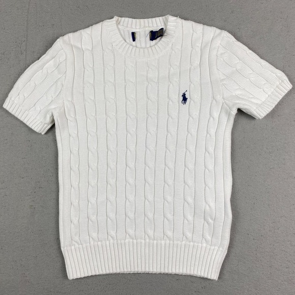 Polo Ralph Lauren Sweaters - Polo Ralph Lauren Womens Cable Knit Short Sleeve Sweater White XS Preppy pony